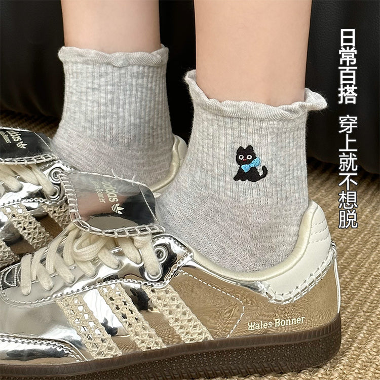 女襪|夏季薄款襪子女棉質吸汗透氣彈力短筒襪卡通刺繡配德訓鞋休閒襪「AL25007」25.04-3