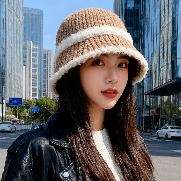 流行帽子|2025新款大頭圍帽子女保暖漁夫帽護耳百搭針織帽韓版戶外條紋盆帽「C2621A」25.10-3