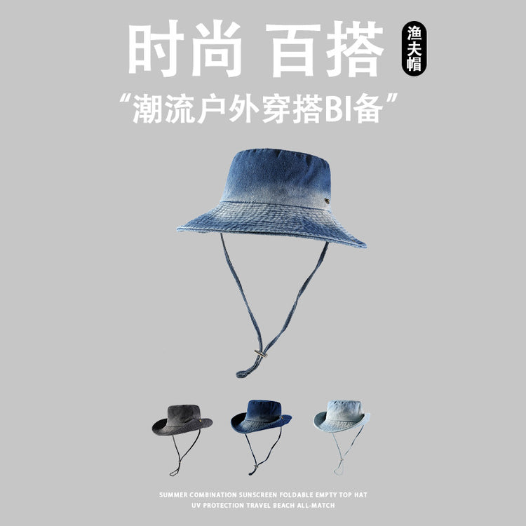 流行帽子|帽子2024新款復古風日系牛仔漁夫帽百搭水洗大卷邊春秋戶外登山帽「C4268」24.08-2