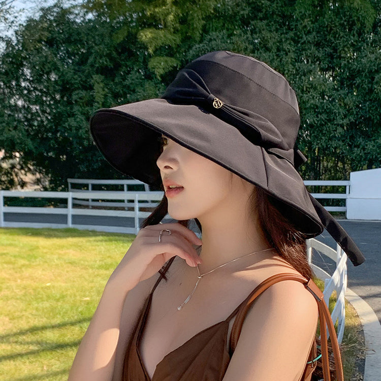 流行帽子|新款漁夫帽子女綁帶蝴蝶結顯臉小防曬遮陽帽夏季大帽檐百搭太陽帽「C5147」25.04-1