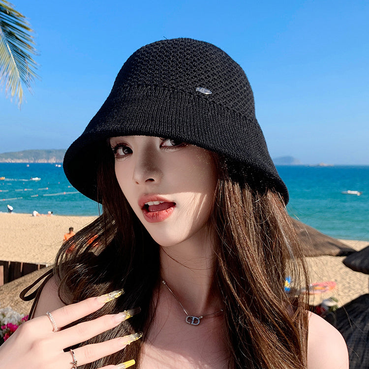 流行帽子|鏤空針織草帽女夏季時尚透氣顯臉小遮陽帽沙灘海邊素顏百搭水桶帽「C5039」25.03-1