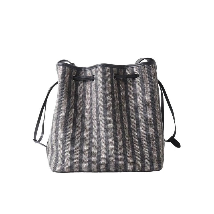 質感真皮|2025新款羊毛呢配真皮大容量條紋托特包女士通勤水桶包大包「7034」25.06-4