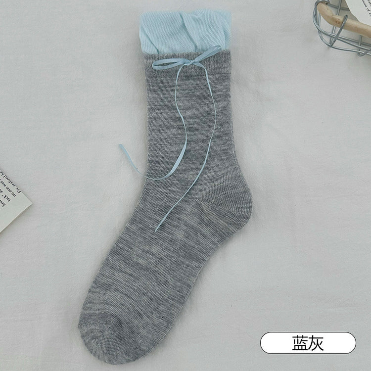 女襪|灰色堆堆襪子女彈力拼接花苞襪口中筒襪芭蕾風側邊飄帶蝴蝶結jk襪「S1205」25.04-2