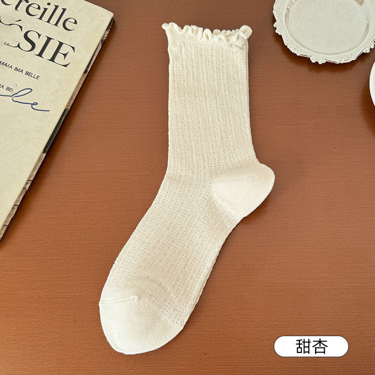 女襪|純色簡約襪子女鏤空網眼透氣木耳邊堆堆襪棉質彈力親膚舒適中筒襪「TM7240」25.02-1