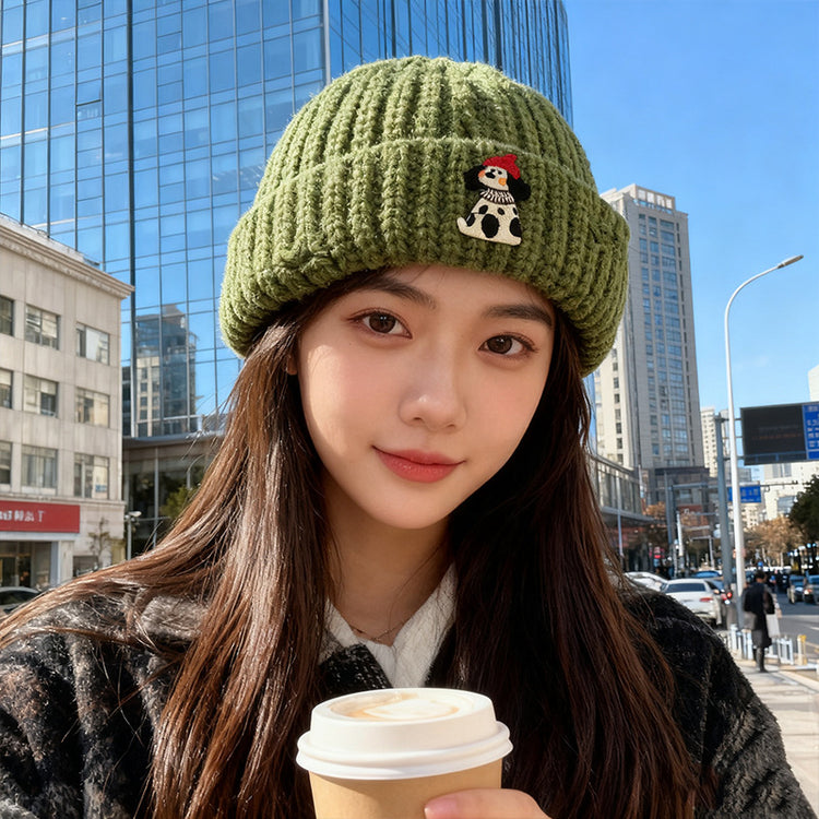 流行帽子|韓版小狗貼布破洞帽子女秋冬季加厚保暖毛線帽可愛針織護耳包頭帽「C5756」25.11-1