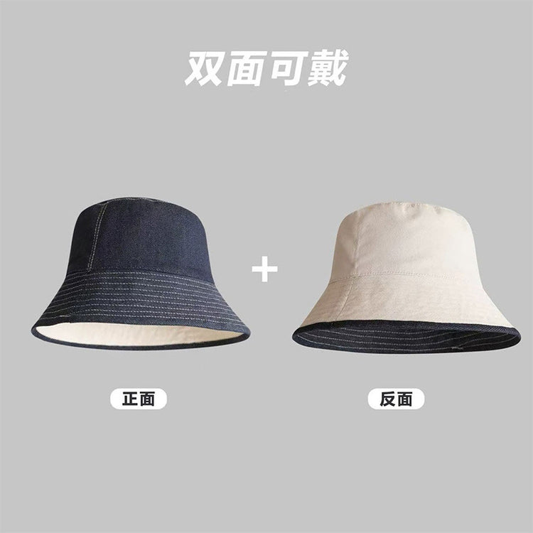 流行帽子|日系雙面可戴帽子女春夏顯臉小牛仔漁夫帽百搭水桶帽遮陽防曬盆帽「C5484」25.08-3