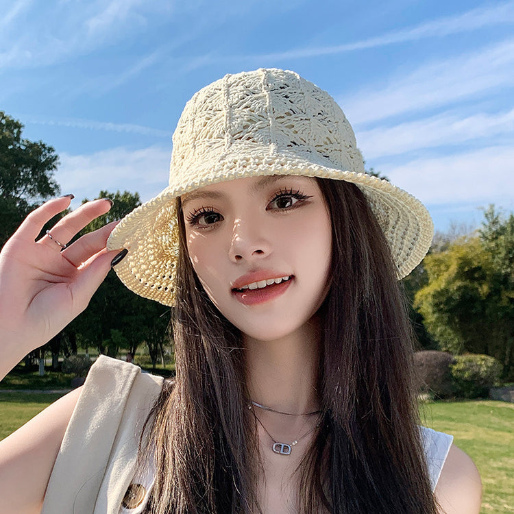流行帽子|春夏新款帽子女簡約百搭漁夫帽鏤空透氣針織太陽帽出遊遮陽防曬帽「C5144」25.04-1