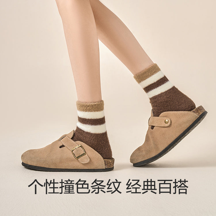 女襪|撞色條紋襪子女秋冬蓄熱鎖溫彈力澳絨中筒襪親膚舒適諸暨襪子批發「HC5110」24.12-1