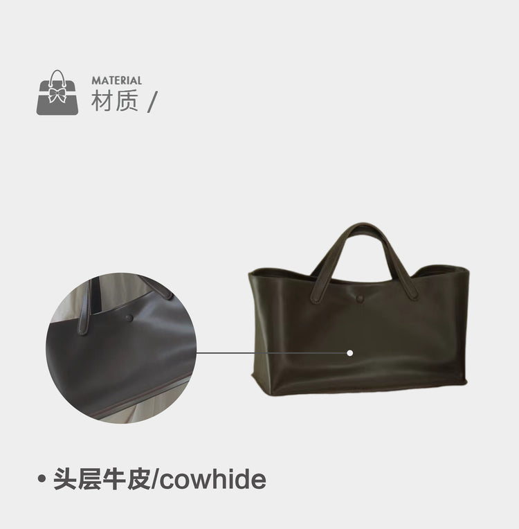 質感真皮|2024年新韓版托特包女頭層牛皮大容量高級感復古通勤包法式小眾包「3725」24.07-5