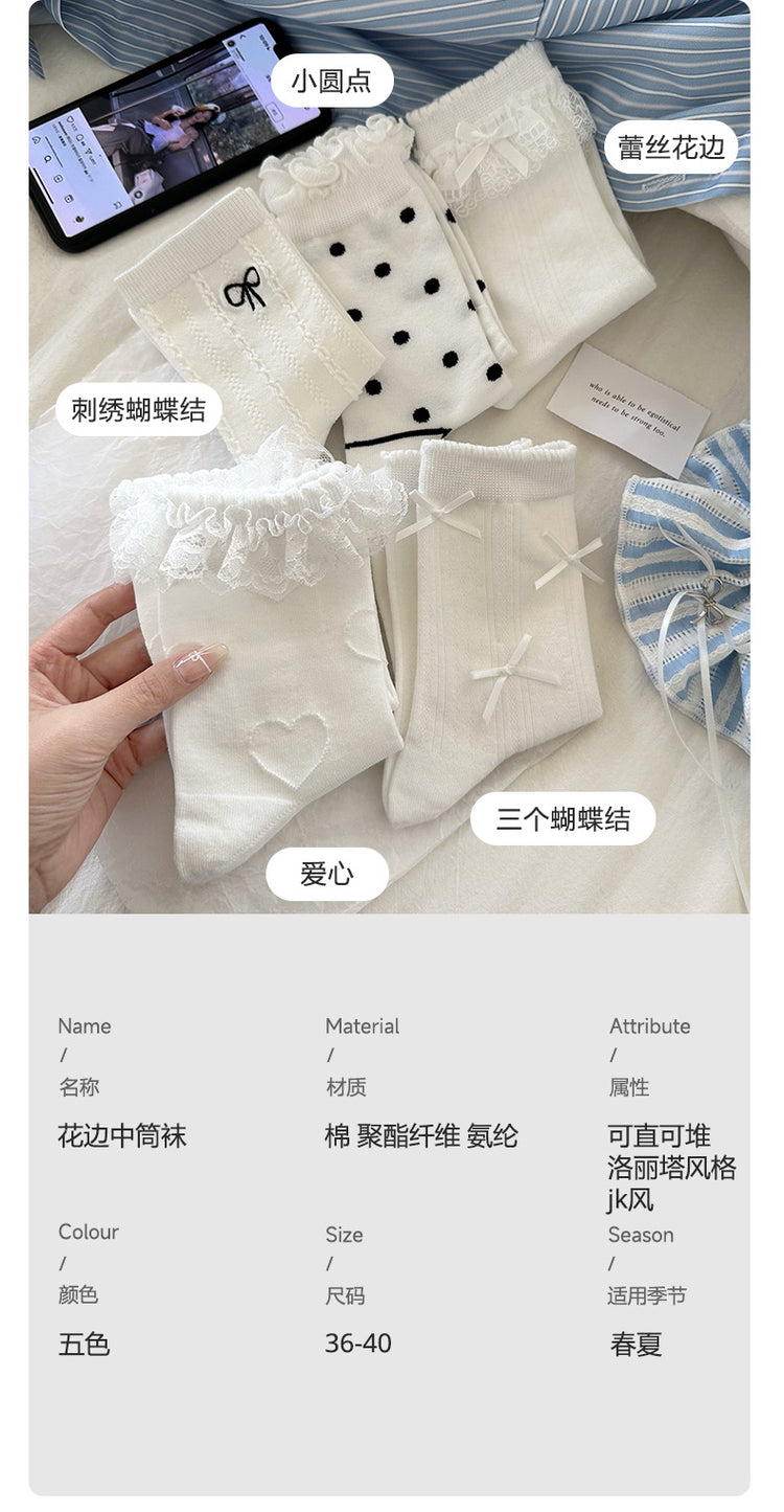 女襪|白色堆堆襪子女春夏薄款miu系蝴蝶結中筒襪吸汗透氣諸暨襪子批發「YM2510」25.03-4