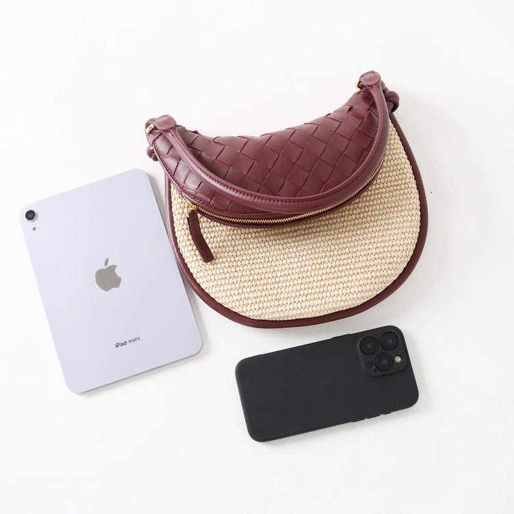 質感真皮|2025新款拉菲草編拼牛皮雙子包拼色月亮包度假單肩腋下包時尚編織包「9781-1」25.07-1