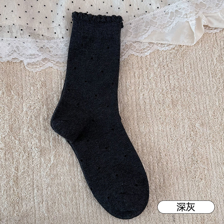 女襪|花邊襪口襪子女復古波點時尚ins潮堆堆襪棉質吸汗透氣彈力中筒襪「S25803」25.02-3