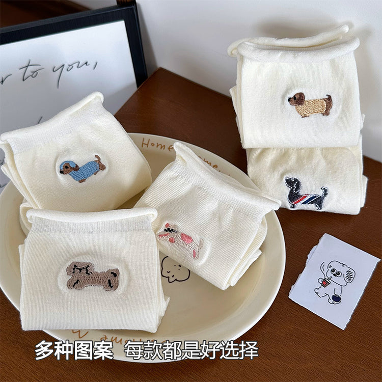女襪|白色卡通卷邊襪子女夏季薄款ins潮刺繡中筒襪棉質吸汗透氣堆堆襪「PS0119」25.04-1