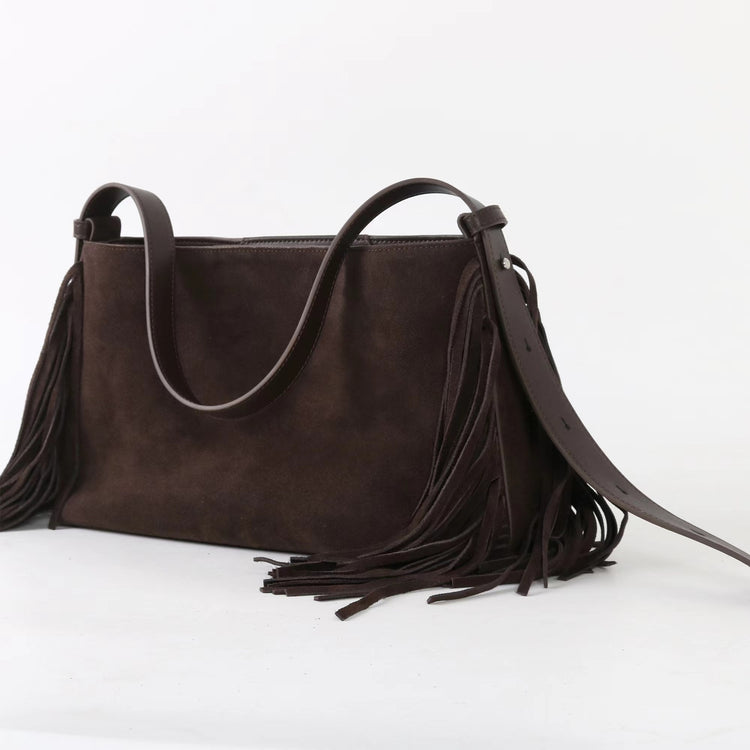 質感真皮|2025全新流蘇磨砂真皮斜背包度假風大容量百搭休閒托特包輕奢「7053」25.09-2