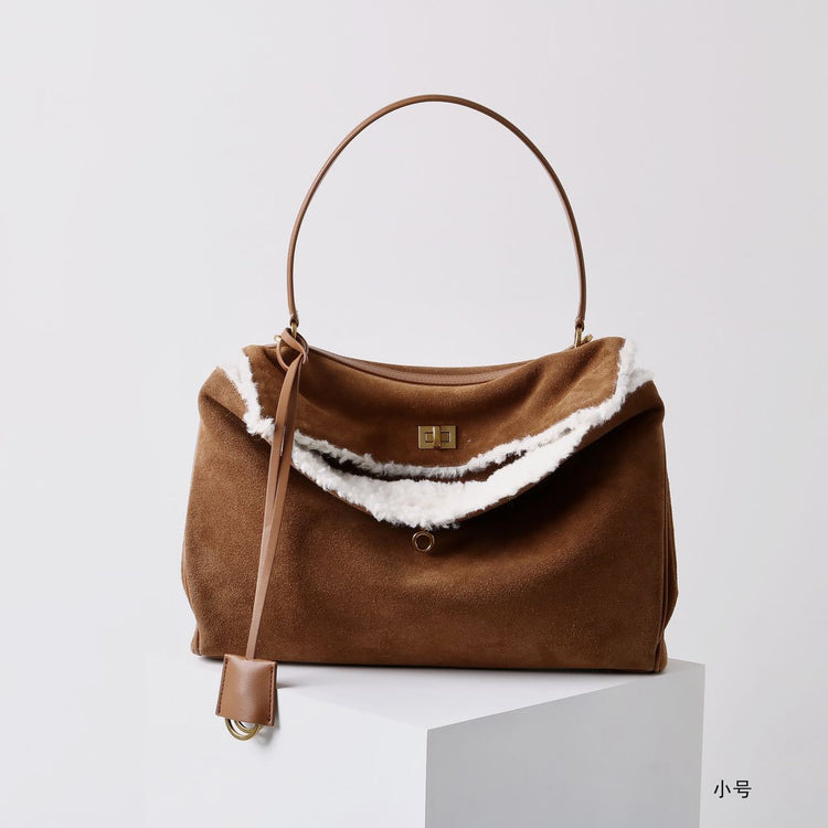 質感真皮|秋冬羊皮拼接磨砂牛皮腋下凱莉包鎖扣手提托特包通勤單肩斜挎大包「6138」24.11-4