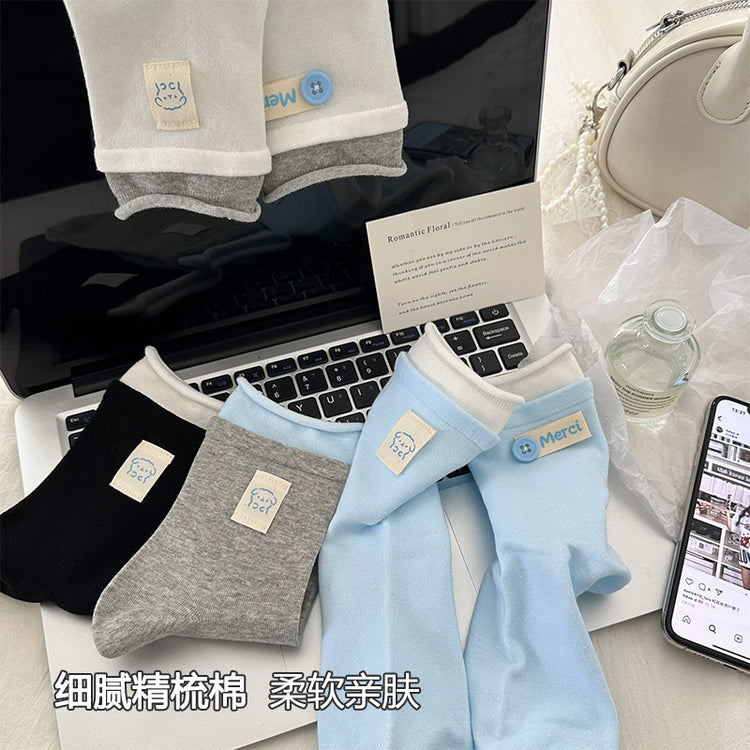 女襪|彈力卷邊襪子女2025夏季新款ins潮中筒襪棉質透氣吸汗薄款堆堆襪「DL25811」25.04-3