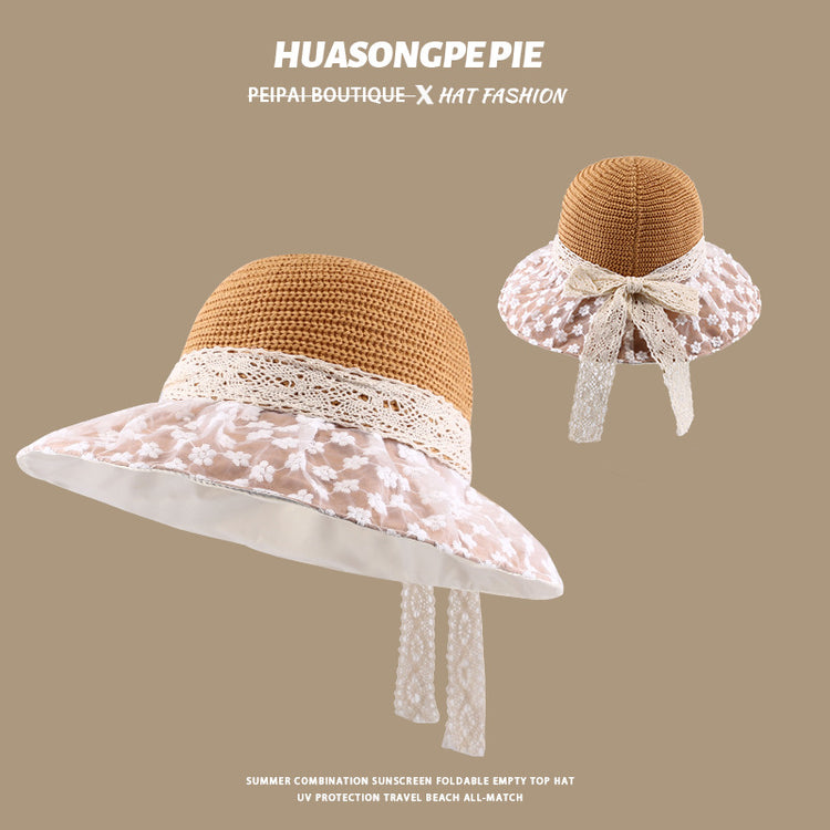 流行帽子|蕾絲系帶草帽夏季女帽子防曬學生戶外遮陽帽綁帶沙灘彩虹太陽帽子「C3929」24.05-2
