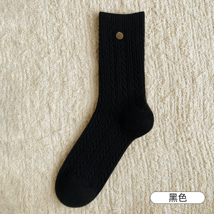 女襪|秋冬美拉德咖色羊毛襪時尚紐扣設計中筒襪秋冬蓄熱加厚保暖睡眠襪「SM24522」24.11-1