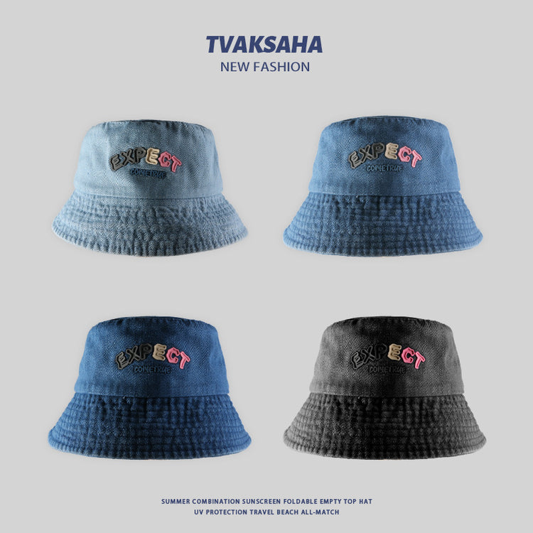 流行帽子|原創設計牛仔漁夫帽女時尚百搭字母盆帽學生情侶防紫外線遮陽帽男「C4124」24.07-3