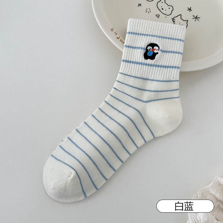 女襪|灰色襪子女夏季條紋卡通刺繡彈力中筒襪棉質親膚吸汗透氣堆堆襪「MI1088」25.04-3