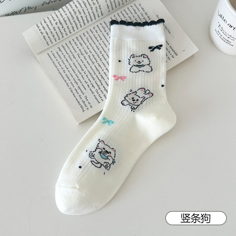 女襪|卡通可愛小狗襪子女夏季通勤簡約ins潮中筒襪棉質吸汗透氣堆堆襪「XH2506」25.06-4