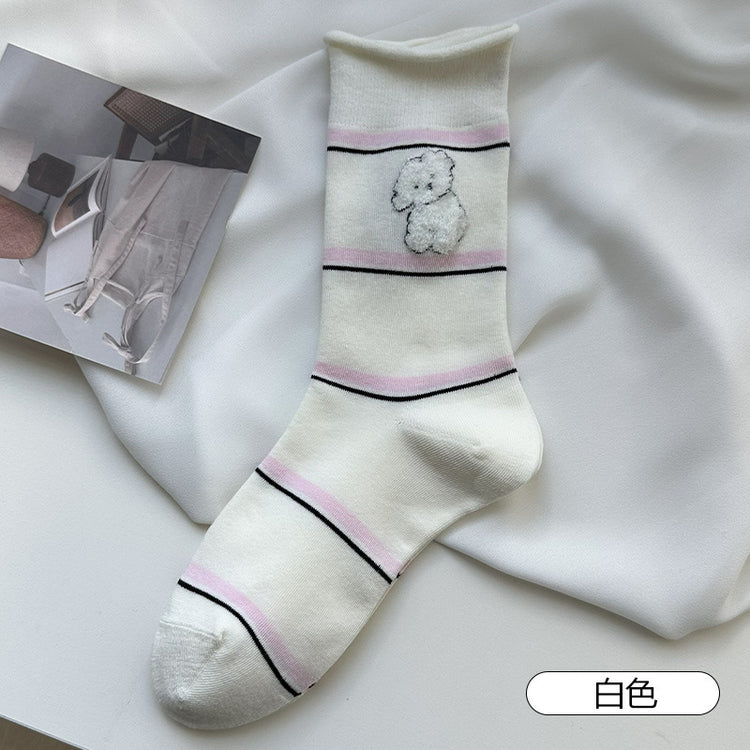 女襪|彈力卷邊襪子女可愛卡通西高地中筒襪撞色條紋吸汗透氣諸暨襪子「WN2513」25.08-4