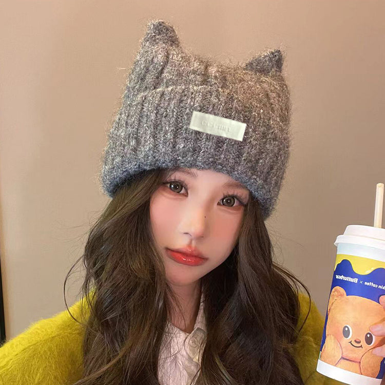 流行帽子|可愛保暖毛線帽女百搭顯臉小貓耳朵針織帽萌趣保暖防寒護耳帽子男「C4778」24.11-1