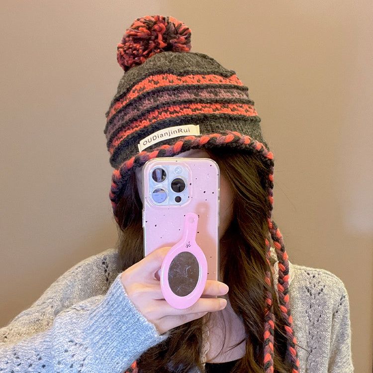 流行帽子|撞色流蘇毛球護耳帽女秋冬加絨保暖條紋百搭針織帽尼泊爾風毛線帽「C4738」24.11-1