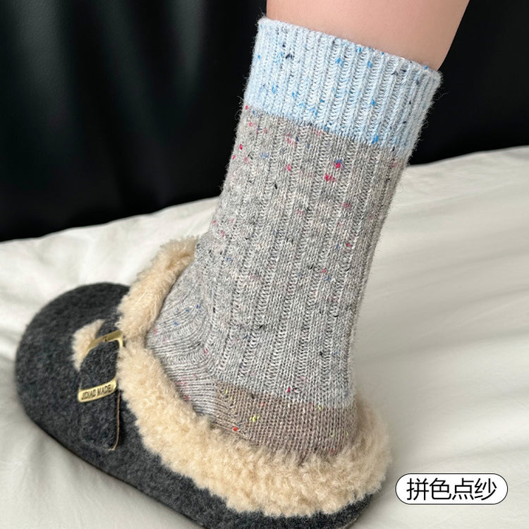 女襪|襪子女士混搭刺繡藍灰色中筒襪冬季加厚保暖親膚舒適羊毛襪「HD25867」25.11-4