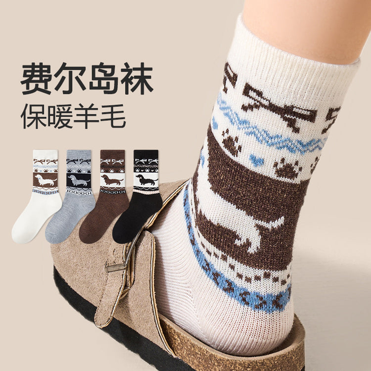 女襪|復古費爾島襪子女彈力軟糯親膚舒適中筒襪加厚保暖居家抗寒羊絨襪「DJ2009」24.12-3