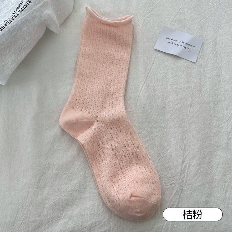女襪|灰色襪子女夏季薄款網眼透氣中筒襪miu系配瑪麗珍彈力無骨堆堆襪「YJ24126」25.04-4