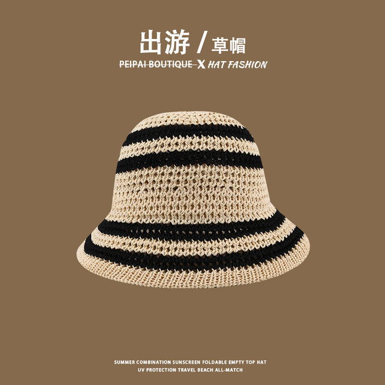 流行帽子|草帽編織女可折疊沙灘帽夏季鏤空透氣水桶帽甜美海邊遮陽帽子批發「C3748」24.03-4