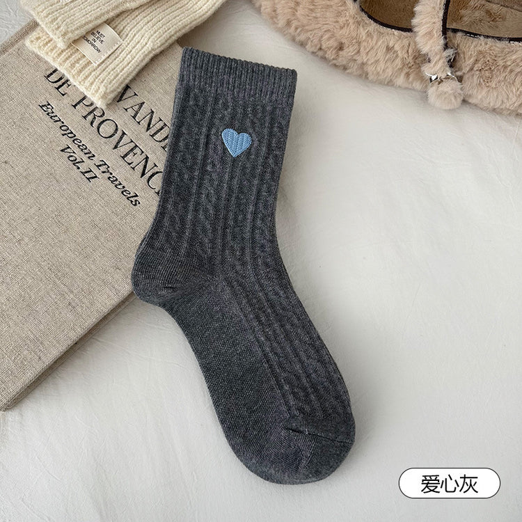 女襪|灰色羊毛襪子女冬季加絨加厚保暖愛心蝴蝶結堆堆襪彈力親膚中筒襪「HD25856」25.11-2