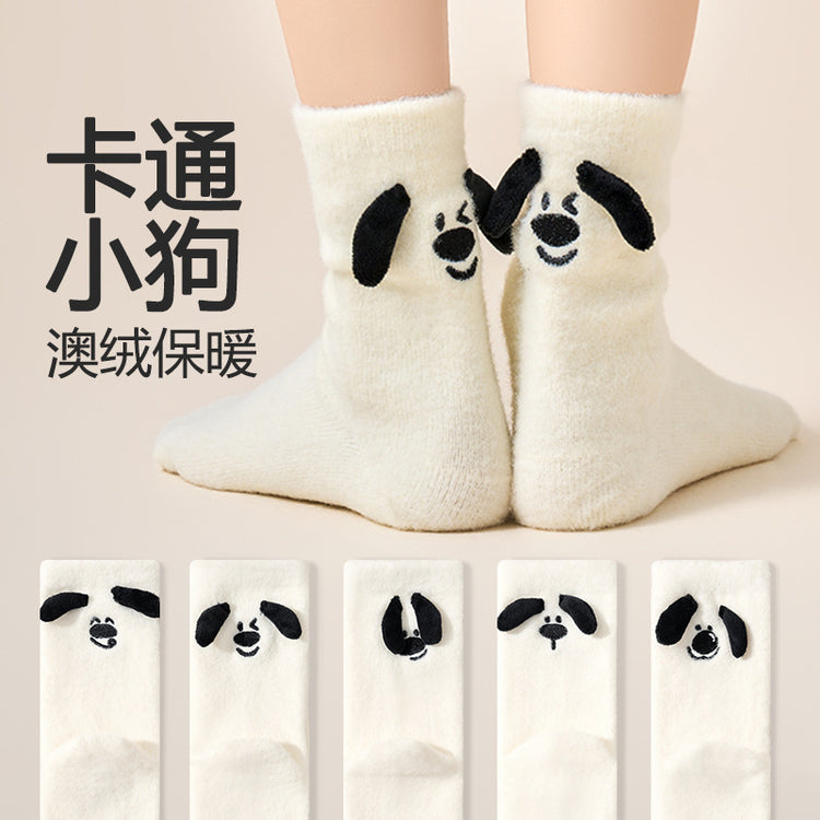女襪|加絨加厚襪子女後跟立體小狗蓄熱保暖澳絨襪親膚舒適彈力中筒襪「HC5137」24.12-1