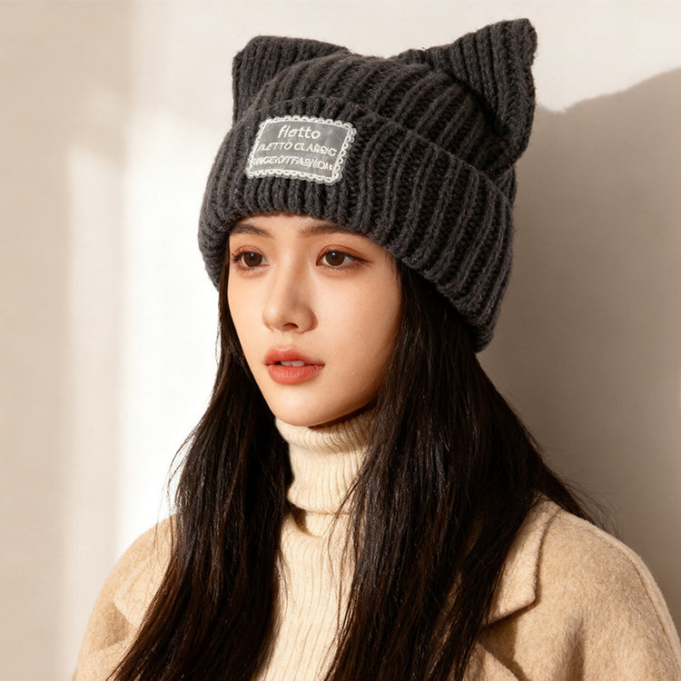 流行帽子|新款蕾絲貼布貓耳針織帽子女秋冬保暖毛線帽時尚百搭顯臉小包頭帽「C5801」25.11-2