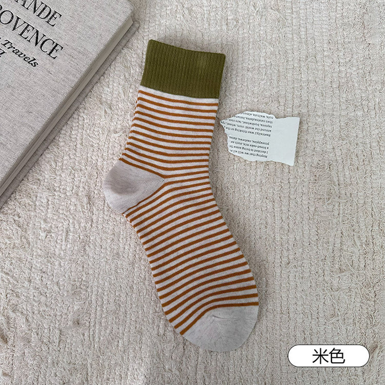 女襪|撞色復古條紋襪子女棉質吸汗透氣彈力中筒襪親膚舒適好搭堆堆襪「B24107」25.10-3