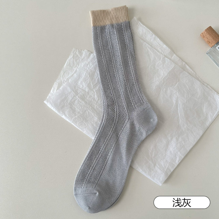 女襪|竹纖維抑菌防臭堆堆襪夏季薄款鏤空網眼透氣中筒襪彈力無骨冰冰襪「TM7373」25.05-1
