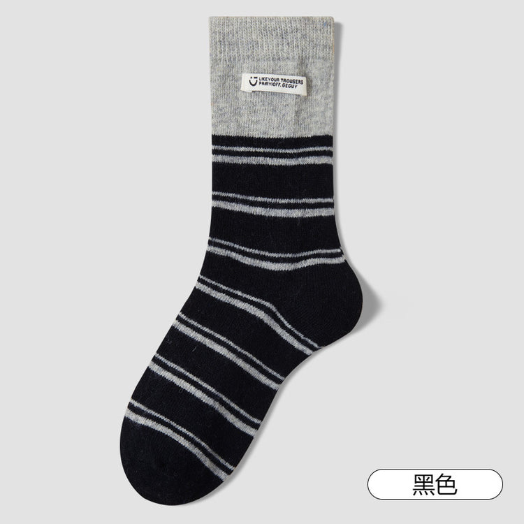 女襪|布標條紋襪子女冬季加絨加厚保暖美利奴羊毛襪親膚舒適彈力中筒襪「GO25106」25.12-1