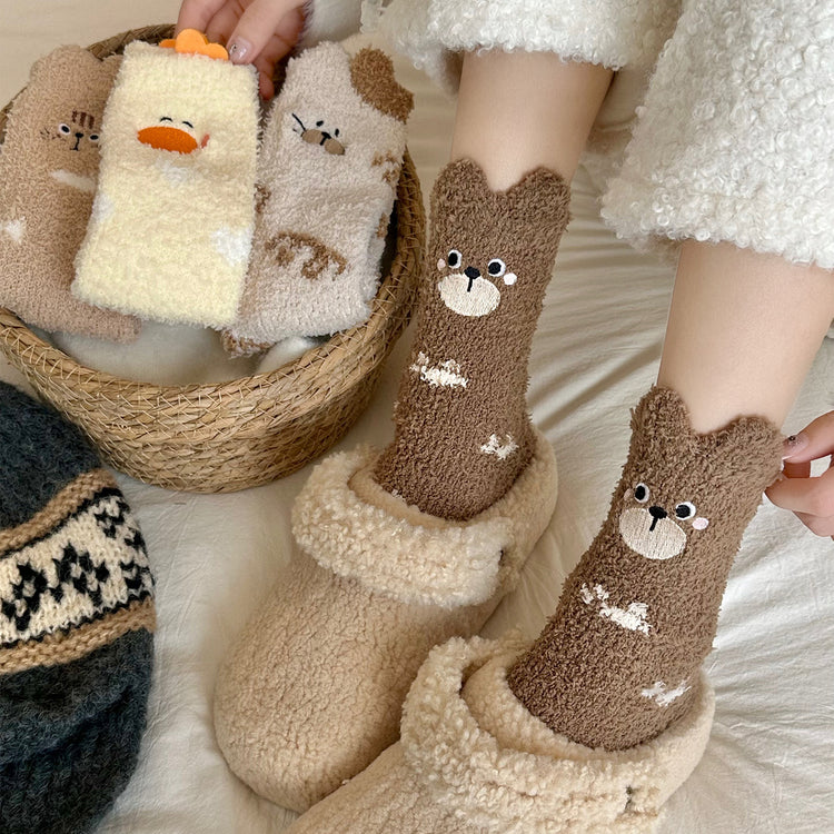 女襪|冬季襪子女軟糯舒適居家保暖地板襪立體卡通圖案加絨加厚睡眠襪「QZ2578」25.11-2