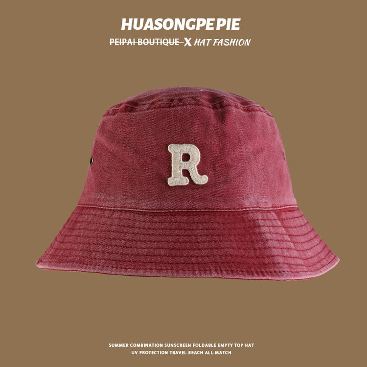 流行帽子|大沿遮陽帽水洗棉R字母刺繡簡約百搭漁夫帽出遊帽子防曬帽夏季女「C4032」24.06-1