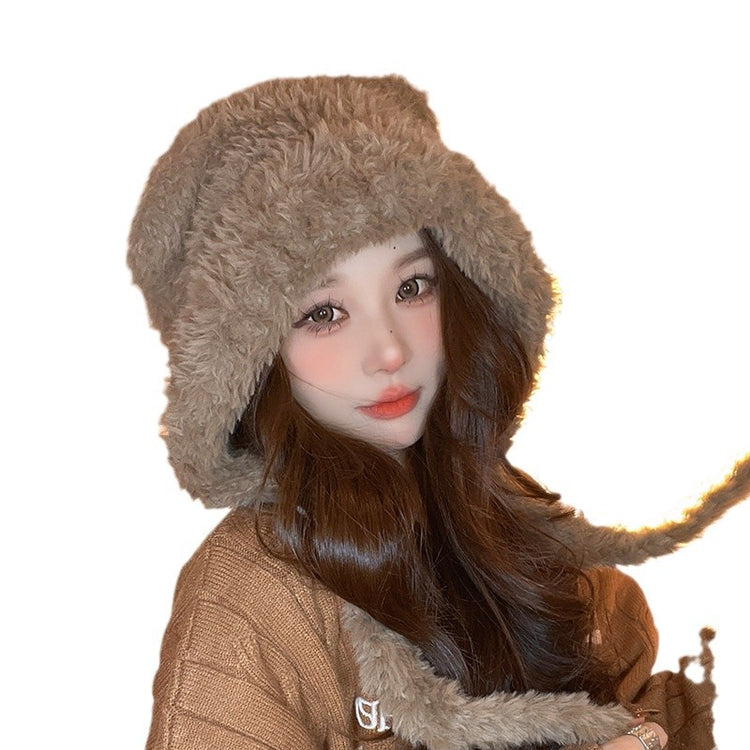 流行帽子|冬季新款可愛小熊耳朵毛絨帽子女綁帶毛線帽大頭圍護耳保暖針織帽「C4841」24.11-3