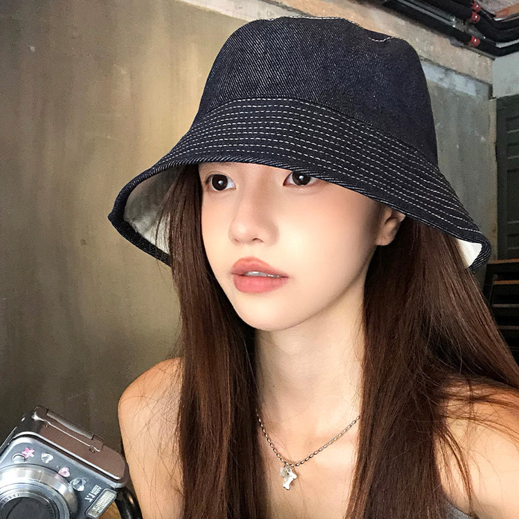 流行帽子|日系雙面可戴帽子女春夏顯臉小牛仔漁夫帽百搭水桶帽遮陽防曬盆帽「C5484」25.08-3