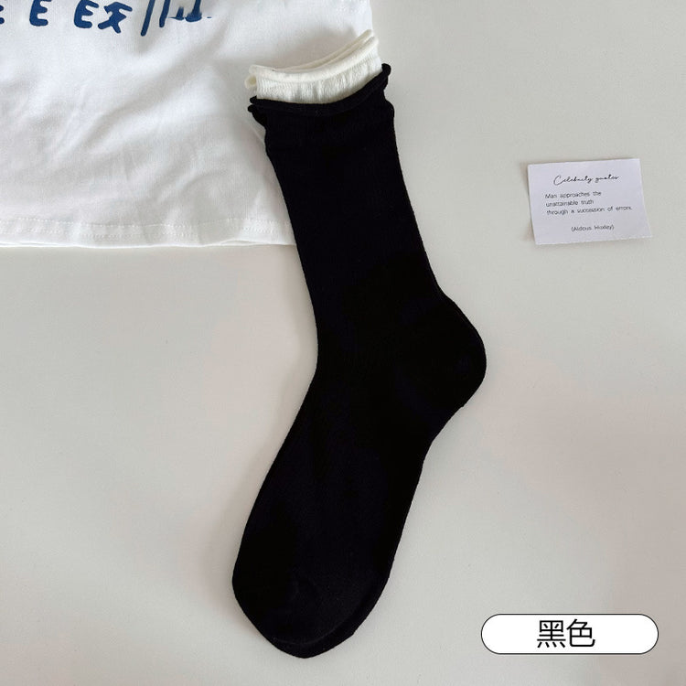 女襪|拼色雙羅口襪子女棉質親膚吸汗透氣中筒襪彈力無骨潮流簡約堆堆襪「MK5084」25.06-1