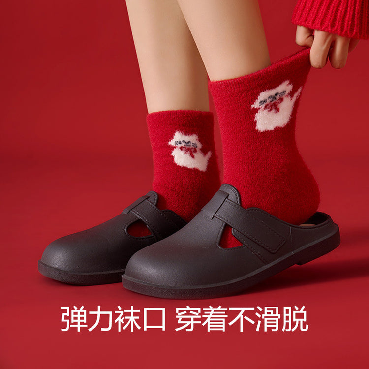 女襪|紅色襪子女秋冬季蓄熱加絨加厚保暖中筒襪2025蛇年本命年新年襪「HC5517」25.01-1