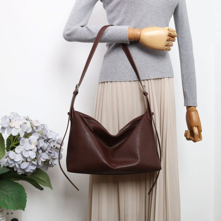 質感真皮|優質植鞣真皮Hobo托特包女大容量單肩通勤包高級質感斜挎包餃子包「3666」24.10-4