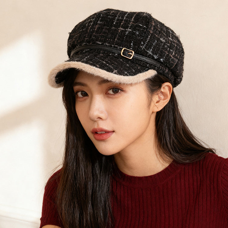 流行帽子|小香風格子毛絨帽子女秋冬保暖顯臉小八角帽大頭圍日系鴨舌貝雷帽「C5840」25.11-3