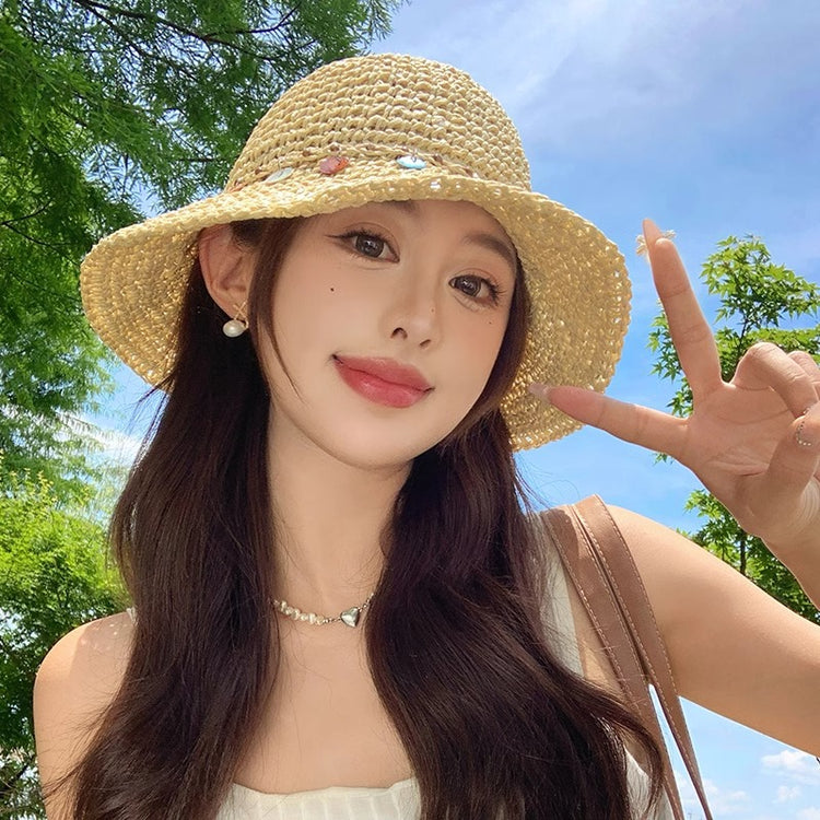 流行帽子|民族風貝殼裝飾鏤空草帽子女夏防曬透氣遮陽帽戶外出遊沙灘太陽帽「C5179」25.04-3