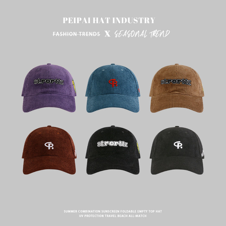 流行帽子|新款燈芯絨st字母刺繡棒球帽春秋季時尚百搭寬檐遮臉保暖帽子女潮「C4438」24.09-2