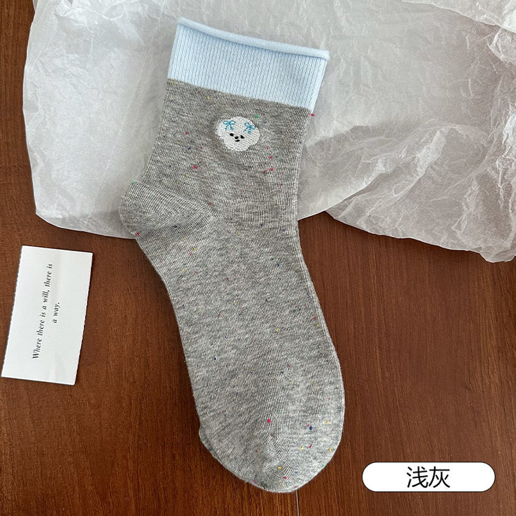 女襪|卷邊襪子女點子紗棉質吸汗透氣堆堆襪卡通動物刺繡彈力好搭中筒襪「W0121」25.03-3