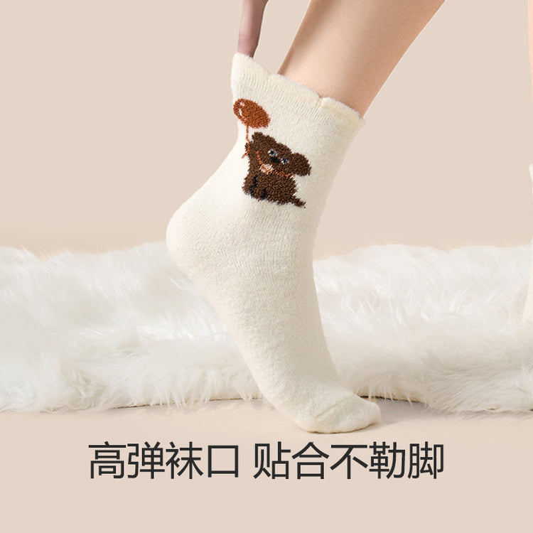 女襪|卡通澳絨襪子女秋冬季加絨加厚保暖澳絨中筒襪居家親膚舒適睡眠襪「DJ1009」24.12-3